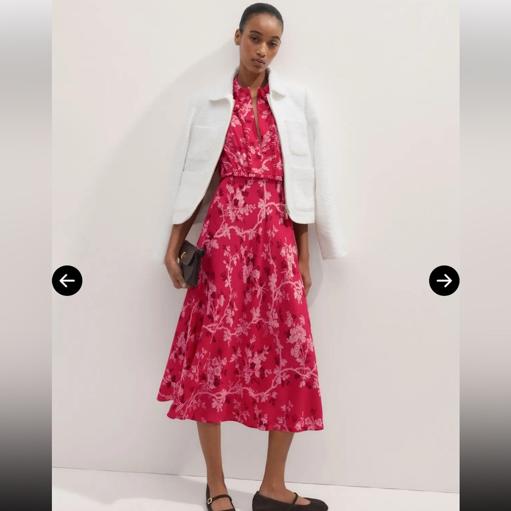 ME+EM 2 Modern Botanical Print Midi Dress Raspberry Red EUC Floral Short Sleeve - Picture 3 of 16